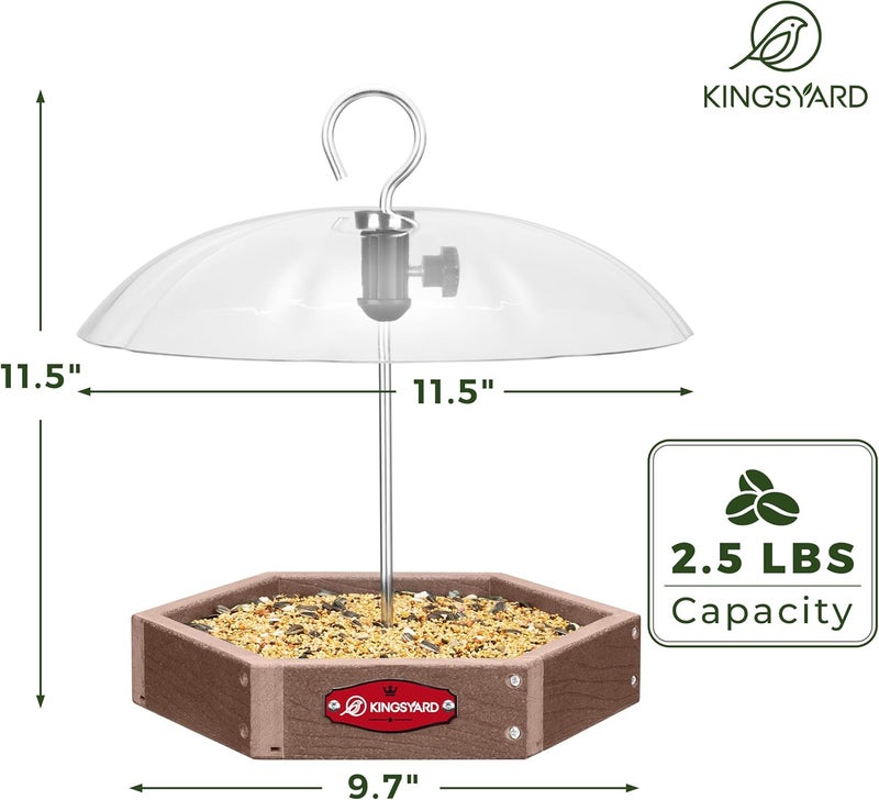 Kingsyard Large Platform Bird Feeder Outdoor Hanging, Adjustable Dome Squirrel Proof Rain Cover, Metal Mesh Tray Recycled Plastic Wild Bird Seed Feeding Station, Brown - Image 4